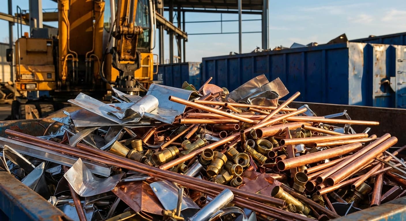 Rury miedziane, kształtki mosiężne i blachy aluminiowe w kontenerze